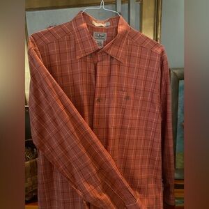 L.L. Bean wrinkle resistant traditional fit orange plaid casual men's Large